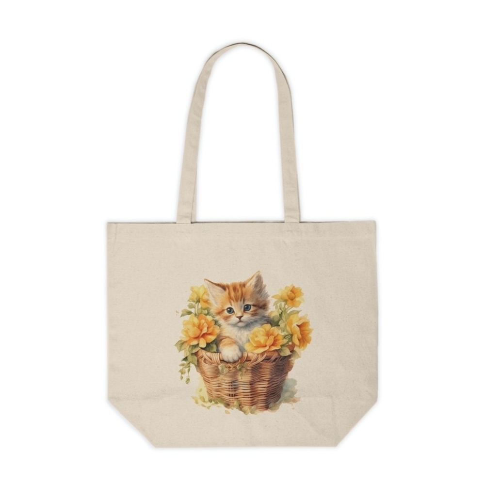 Floral Cat in a Basket Custom Canvas Tote Bag